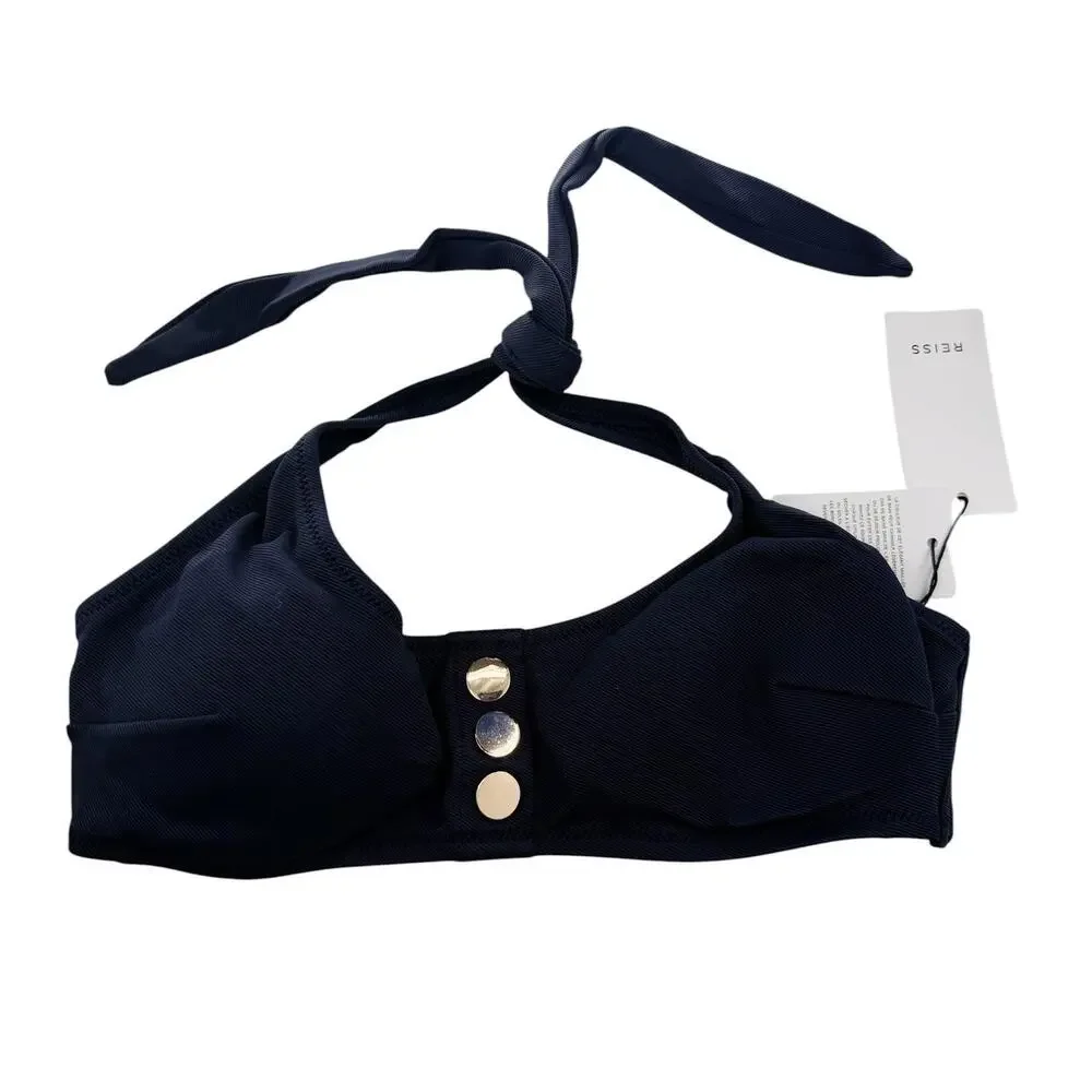 REISS Bathing Suit Set Size 6 NEW Navy Blue Bikini Halter Button Bottom Bailey